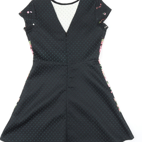 Lipsy Womens Black Floral Polyester A-Line Size 8 Round Neck Zip