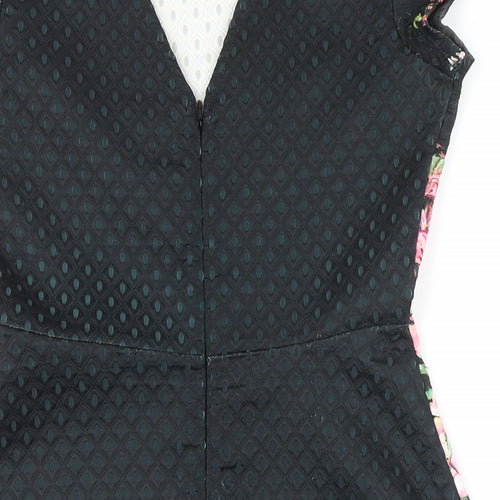 Lipsy Womens Black Floral Polyester A-Line Size 8 Round Neck Zip