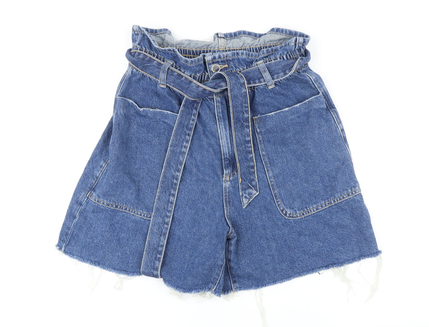 Zara Womens Blue Cotton Basic Shorts Size 10 L5 in Regular Zip - Raw Hem