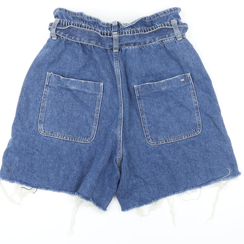 Zara Womens Blue Cotton Basic Shorts Size 10 L5 in Regular Zip - Raw Hem