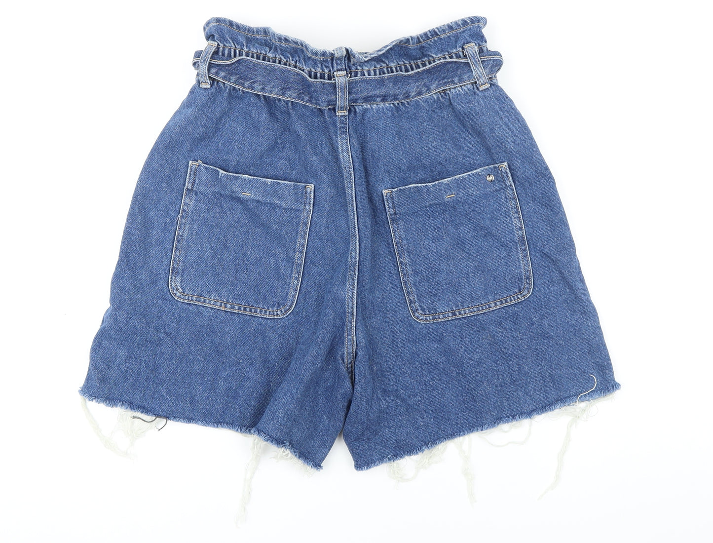 Zara Womens Blue Cotton Basic Shorts Size 10 L5 in Regular Zip - Raw Hem