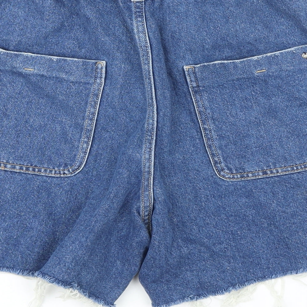 Zara Womens Blue Cotton Basic Shorts Size 10 L5 in Regular Zip - Raw Hem