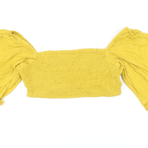 Boohoo Womens Yellow Cotton Cropped Button-Up Size 14 Square Neck - Smocked detail