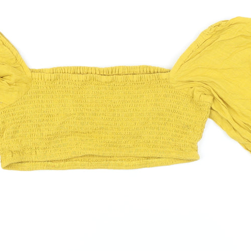 Boohoo Womens Yellow Cotton Cropped Button-Up Size 14 Square Neck - Smocked detail