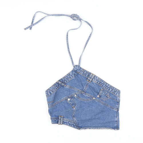 Boohoo Womens Blue Cotton Cropped Button-Up Size 12 Halter