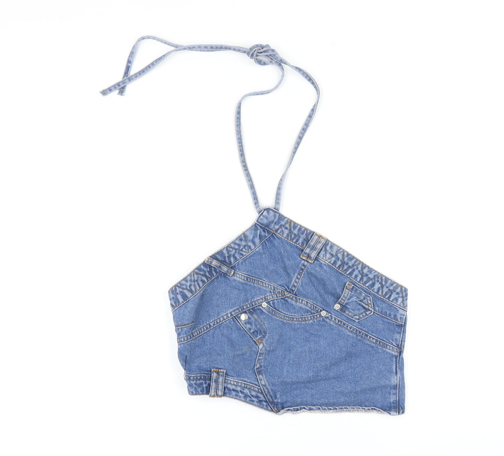 Boohoo Womens Blue Cotton Cropped Button-Up Size 12 Halter