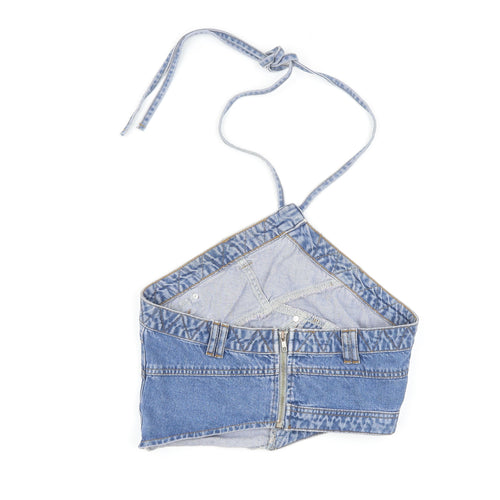 Boohoo Womens Blue Cotton Cropped Button-Up Size 12 Halter