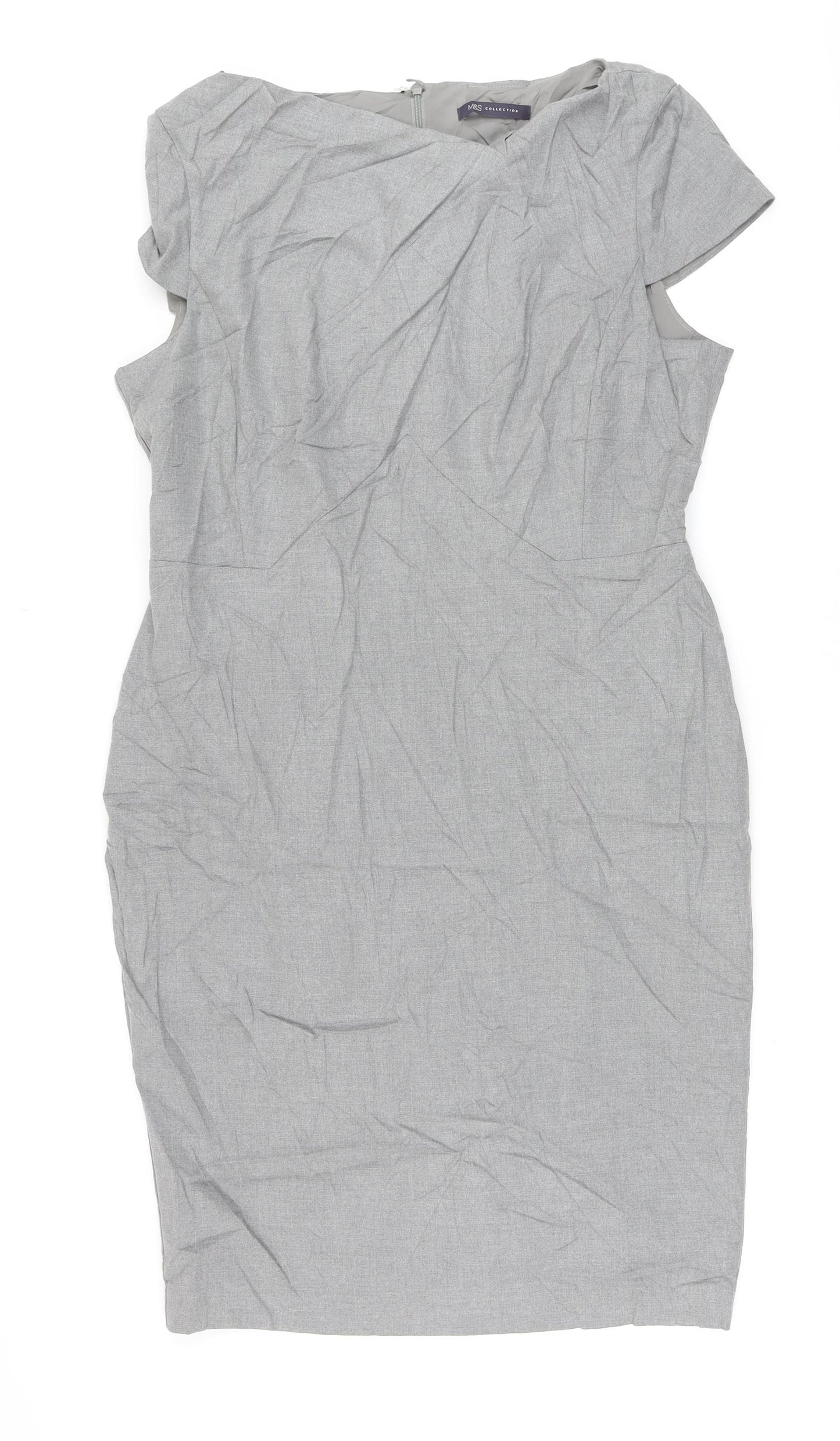 Marks and Spencer Womens Grey Polyester Pencil Dress Size 16 Round Neck Zip