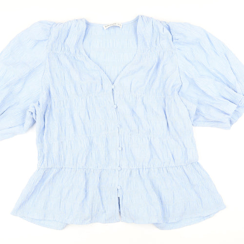 Gallery Womens Blue Check Polyester Basic Button-Up Size 18 V-Neck - Smocked detail