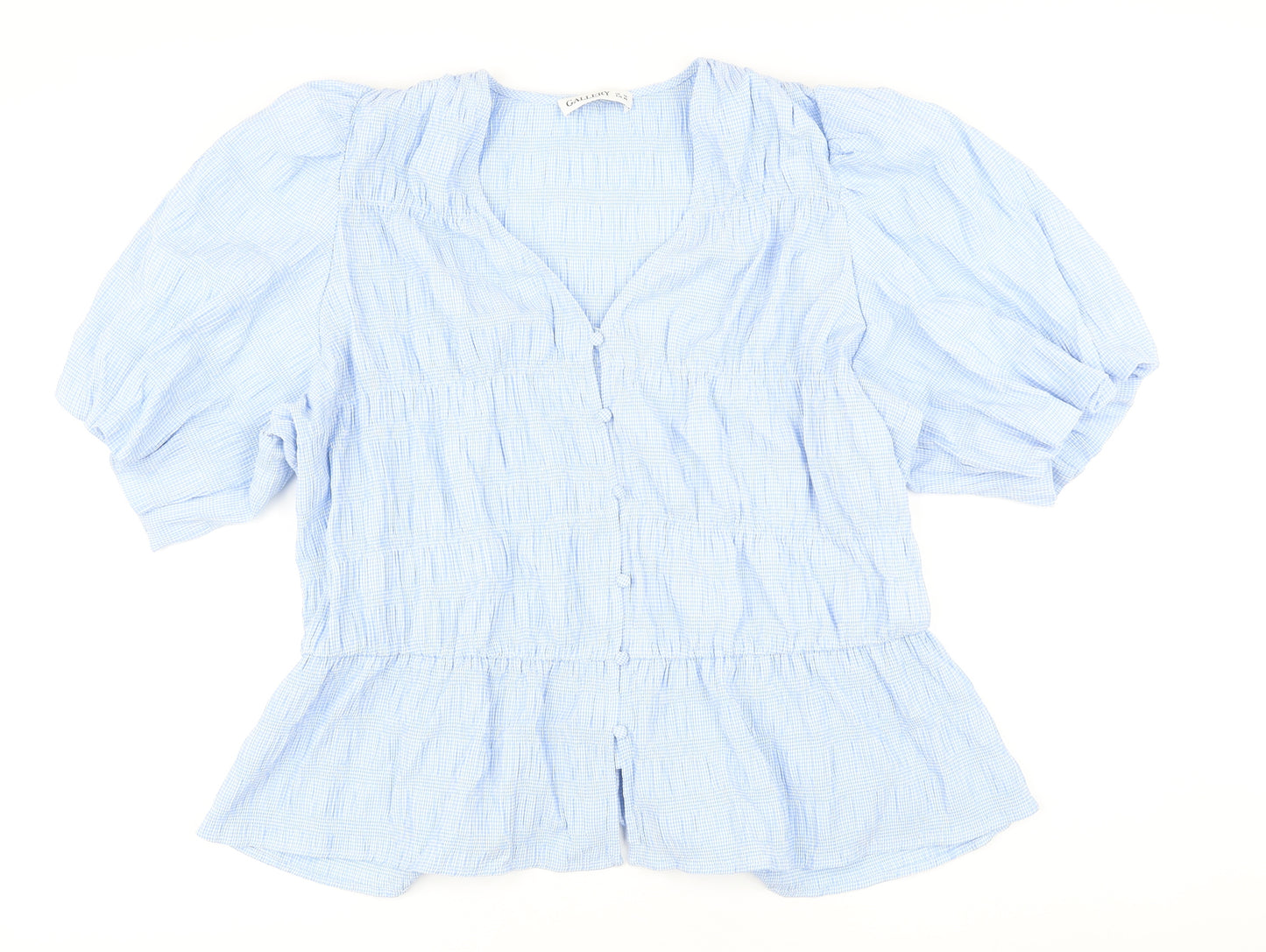Gallery Womens Blue Check Polyester Basic Button-Up Size 18 V-Neck - Smocked detail