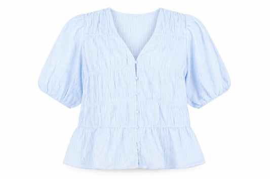 Front view of Gallery women’s blue check polyester basic button-up, size UK 18, v-neck - smocked detail
