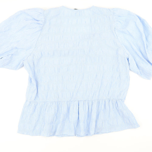 Gallery Womens Blue Check Polyester Basic Button-Up Size 18 V-Neck - Smocked detail
