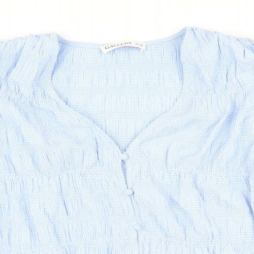 Gallery Womens Blue Check Polyester Basic Button-Up Size 18 V-Neck - Smocked detail