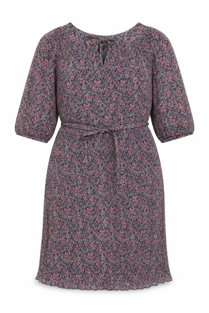 Beskestex Womens Multicoloured Floral Polyester A-Line Size 12 Round Neck Tie - Pleated front
