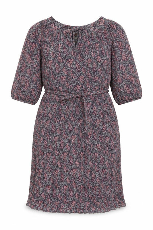 Front view of Beskestex women’s multicoloured floral polyester a-line, size UK 12, round neck tie - pleated front