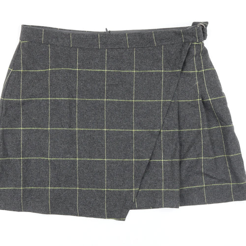 Marks and Spencer Womens Grey Check Wool Wrap Skirt Size 18 Zip