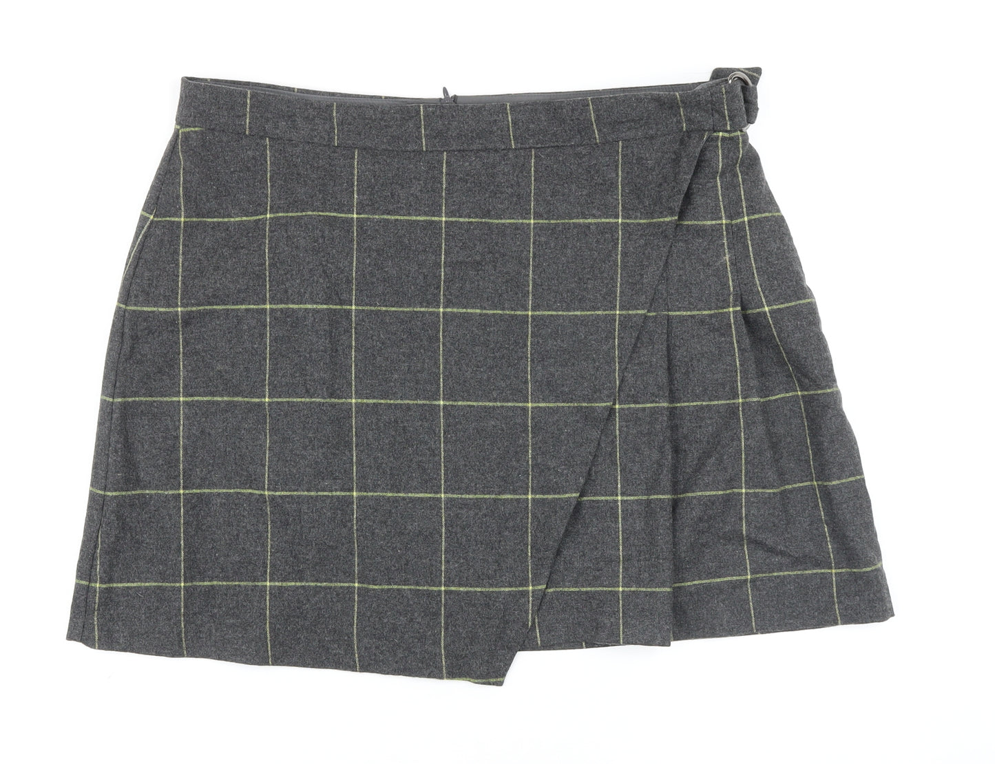 Marks and Spencer Womens Grey Check Wool Wrap Skirt Size 18 Zip