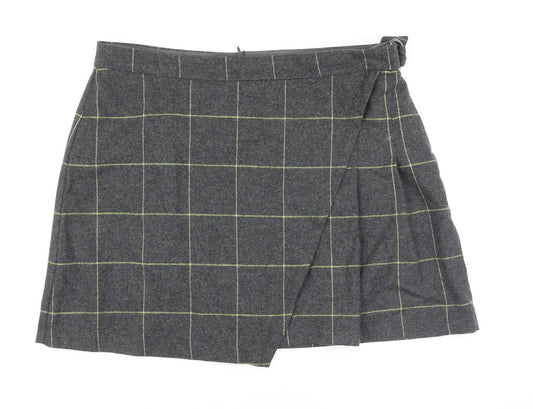 Marks and Spencer Womens Grey Check Wool Wrap Skirt Size 18 Zip