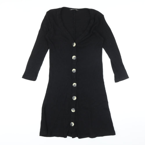 Stradivarius Womens Black Polyester A-Line Size S V-Neck Button
