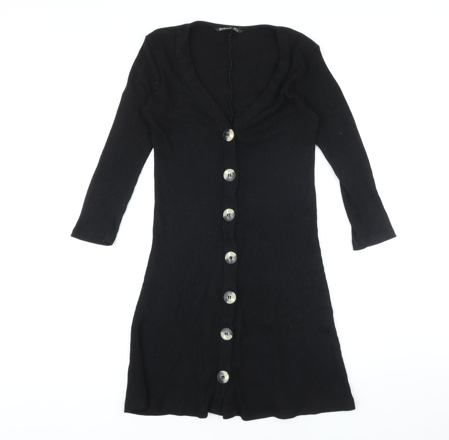 Stradivarius Womens Black Polyester A-Line Size S V-Neck Button