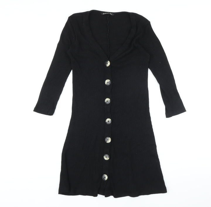 Stradivarius Womens Black Polyester A-Line Size S V-Neck Button