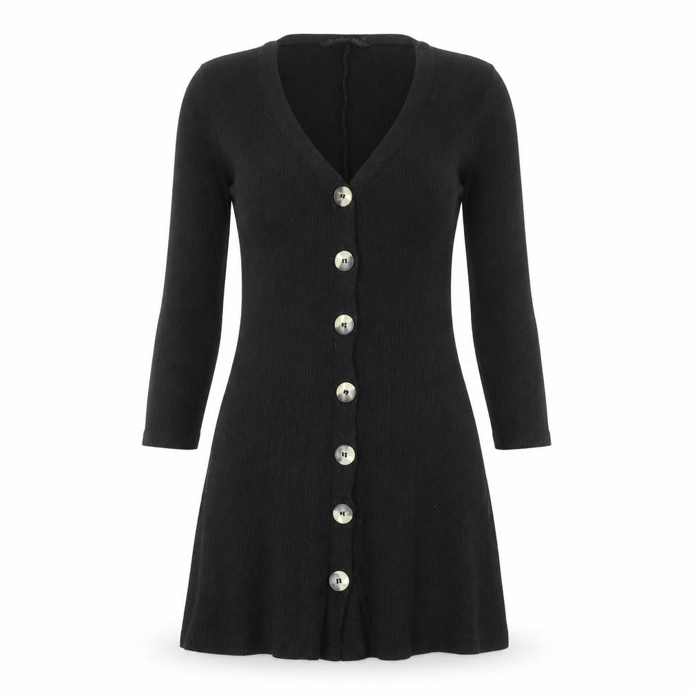 Front view of Stradivarius women’s black polyester a-line, size S, v-neck button