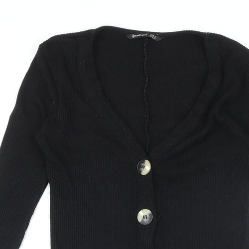 Stradivarius Womens Black Polyester A-Line Size S V-Neck Button