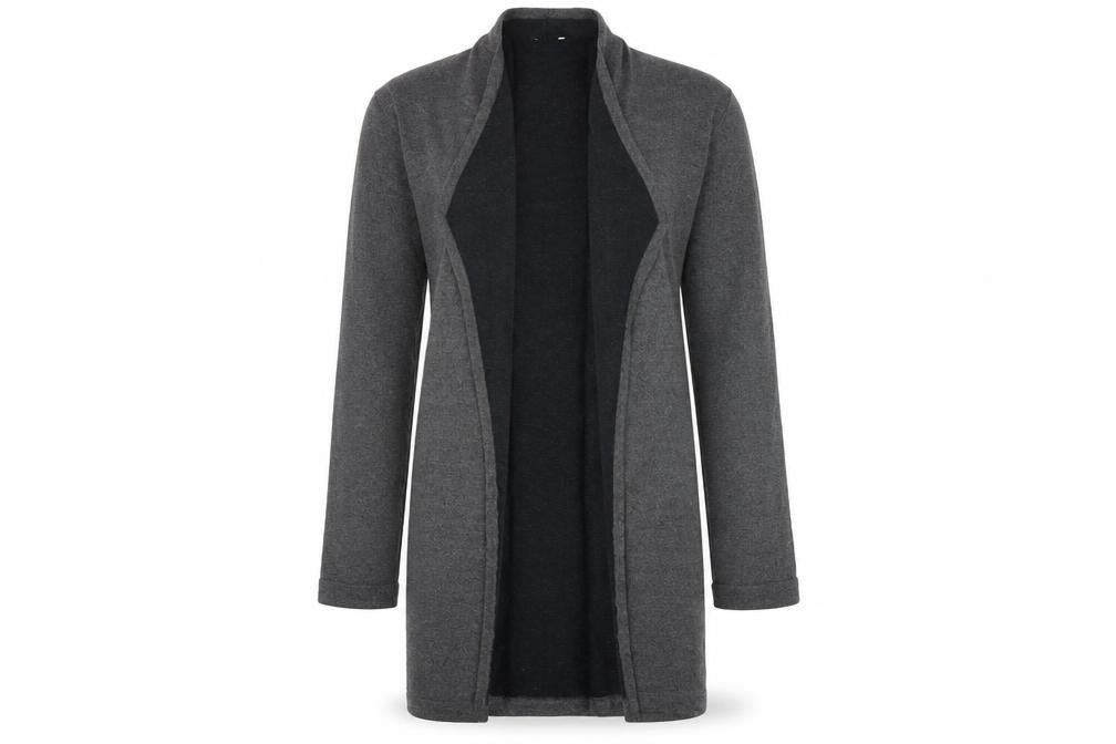 Front view of innocence women’s grey v-neck polyester cardigan jumper, size UK 8