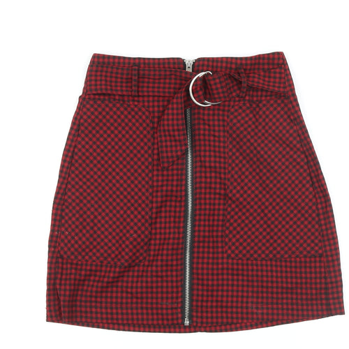 Stradivarius Womens Red Check Polyester A-Line Skirt Size 4 Zip