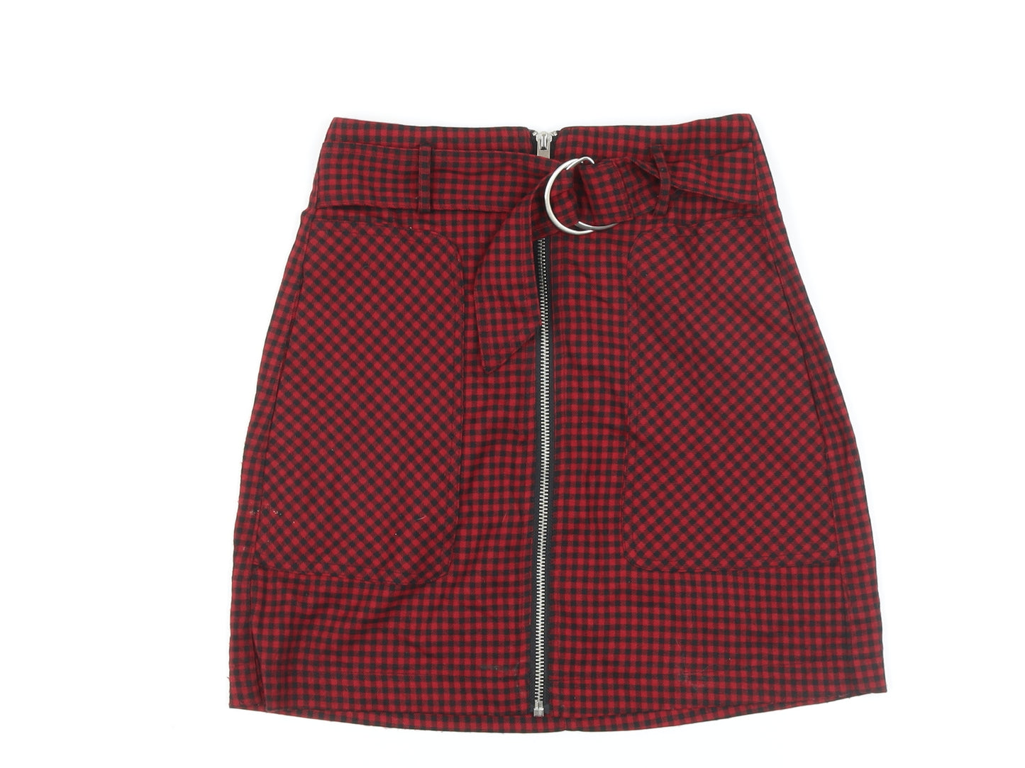 Stradivarius Womens Red Check Polyester A-Line Skirt Size 4 Zip