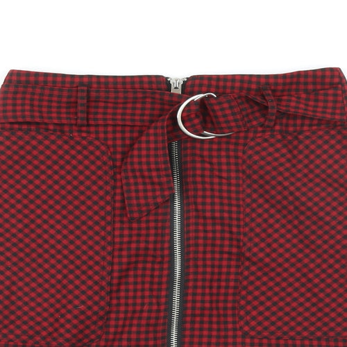 Stradivarius Womens Red Check Polyester A-Line Skirt Size 4 Zip