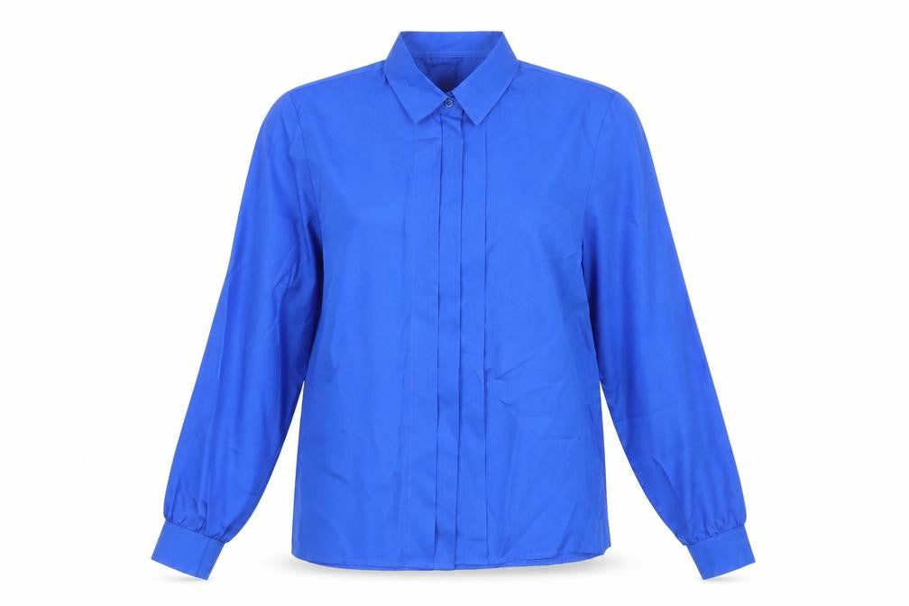 Front view of St Michael women’s blue polyester basic button-up, size UK 12, collared