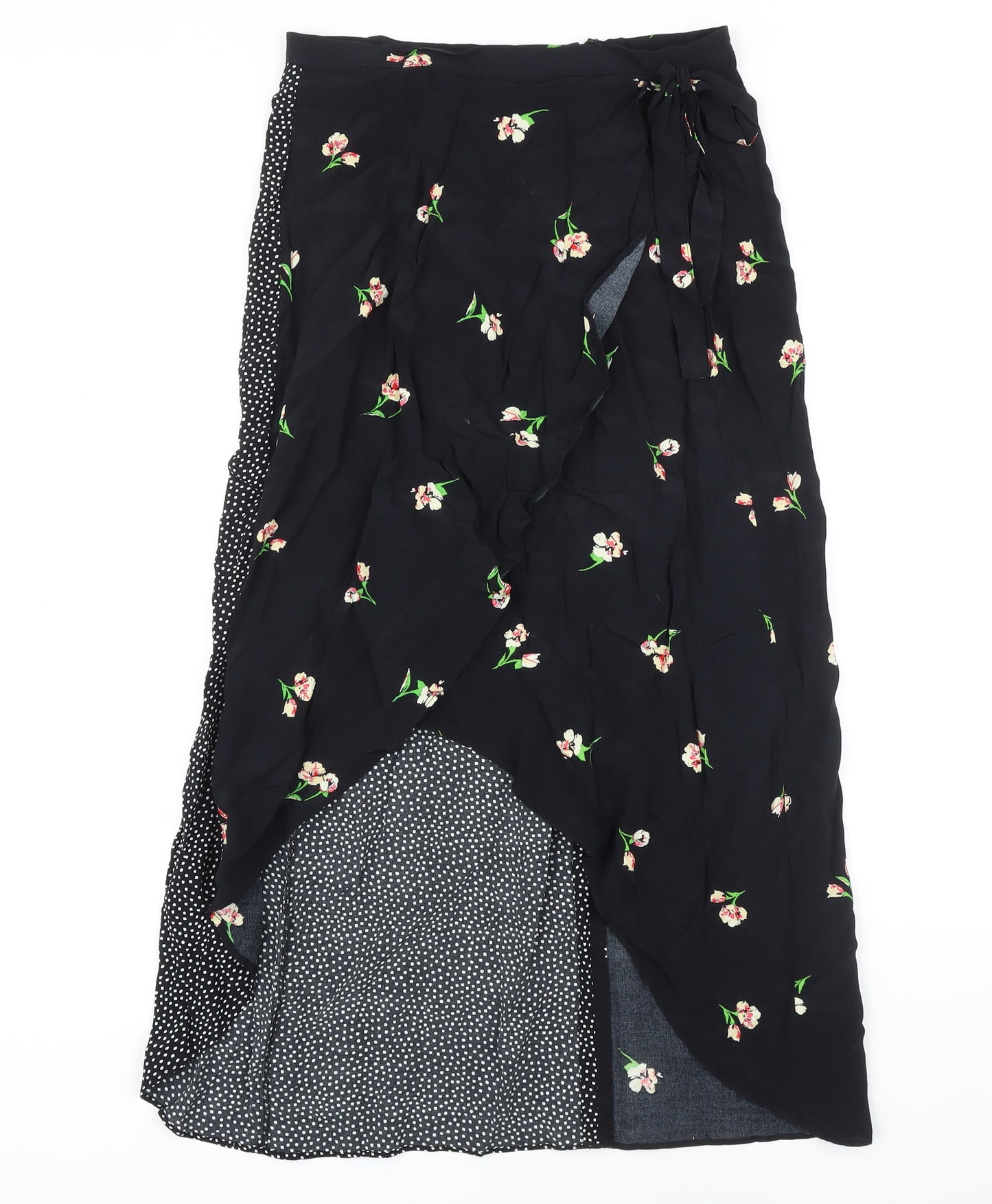 Topshop Womens Black Floral Viscose Wrap Skirt Size 10 Zip - High Low