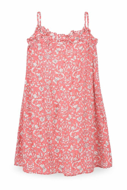 Front view of Next girls’ pink floral viscose a-line, size 13, years scoop neck