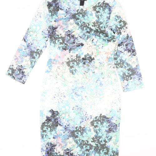 H&M Womens Multicoloured Floral Polyester Pencil Dress Size S Round Neck