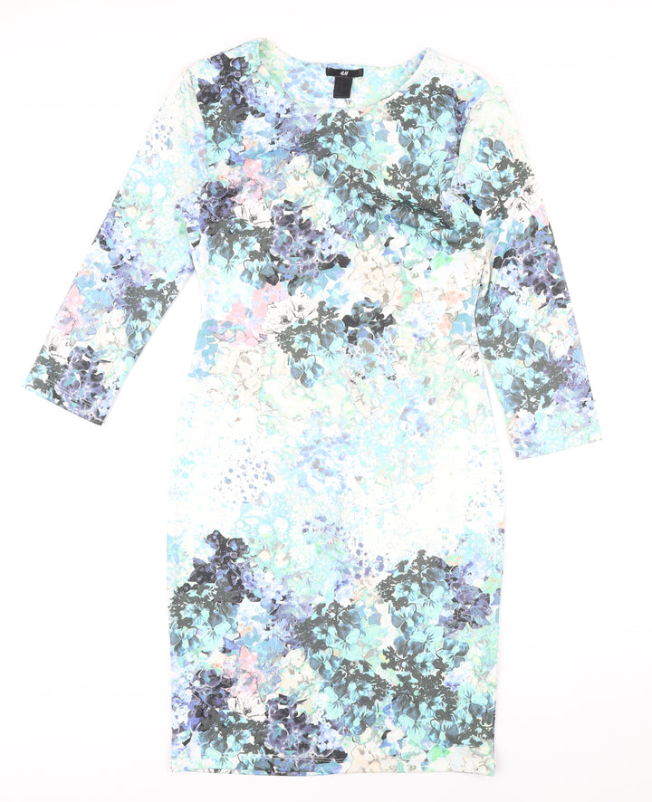 H&M Womens Multicoloured Floral Polyester Pencil Dress Size S Round Neck