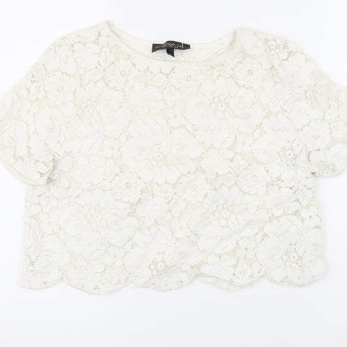 Topshop Womens White Cotton Basic Button-Up Size 12 Boat Neck - Lace up detail