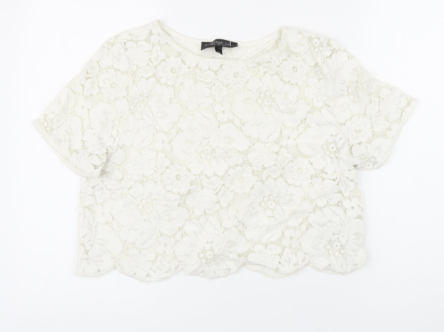 Topshop Womens White Cotton Basic Button-Up Size 12 Boat Neck - Lace up detail