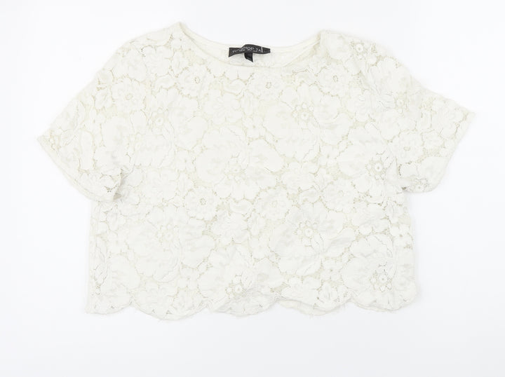 Topshop Womens White Cotton Basic Button-Up Size 12 Boat Neck - Lace up detail