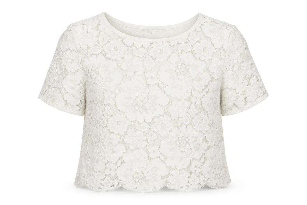 Front view of Topshop women’s white cotton basic button-up, size UK 12, boat neck - lace up detail
