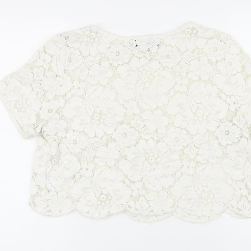 Topshop Womens White Cotton Basic Button-Up Size 12 Boat Neck - Lace up detail