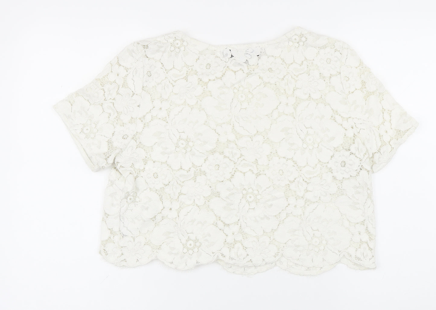 Topshop Womens White Cotton Basic Button-Up Size 12 Boat Neck - Lace up detail