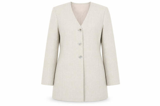 Front view of Legacy women’s beige jacket, size UK 10, button