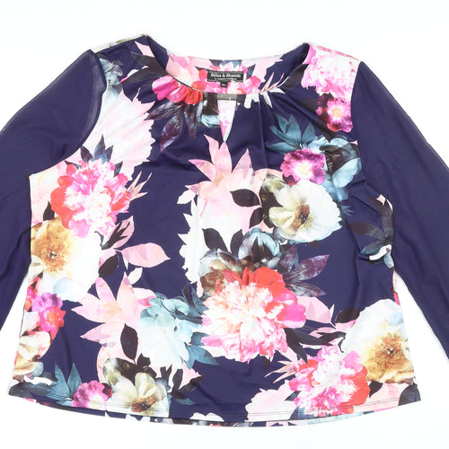 Billie&Blossom Womens Blue Floral Polyester Basic Button-Up Size 18 Round Neck - Sheer Sleeves