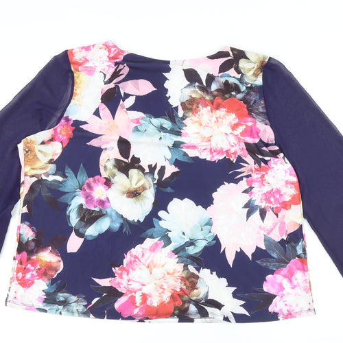 Billie&Blossom Womens Blue Floral Polyester Basic Button-Up Size 18 Round Neck - Sheer Sleeves