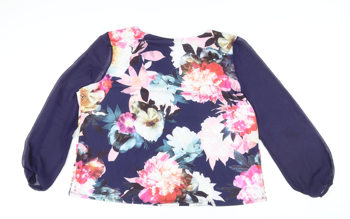 Billie&Blossom Womens Blue Floral Polyester Basic Button-Up Size 18 Round Neck - Sheer Sleeves