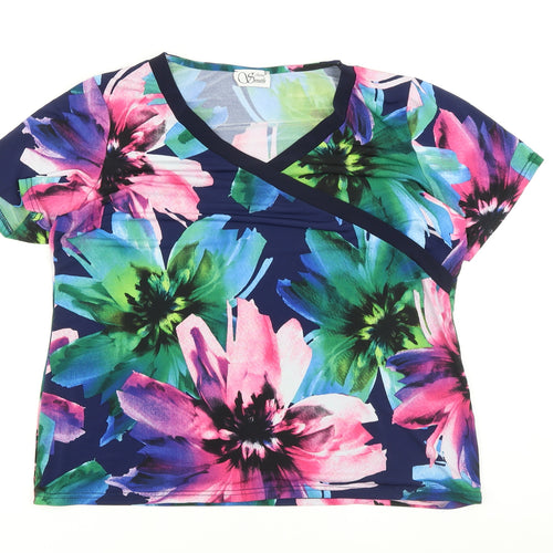 Anne Smith Womens Multicoloured Floral Polyester Basic T-Shirt Size 16 V-Neck