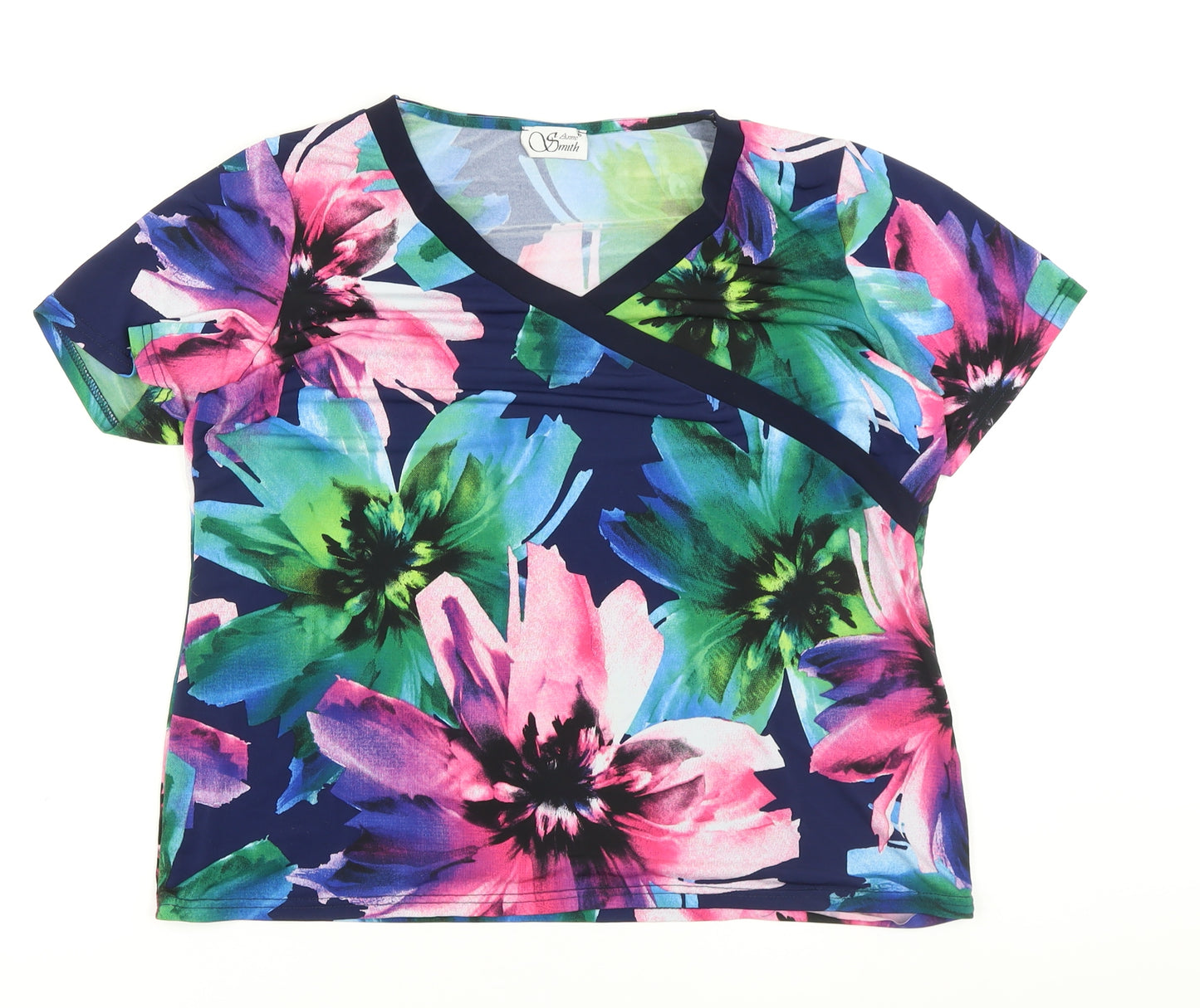 Anne Smith Womens Multicoloured Floral Polyester Basic T-Shirt Size 16 V-Neck