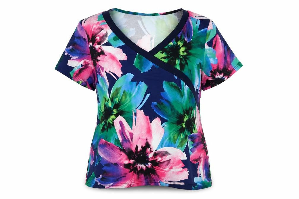 Front view of Anne Smith women’s multicoloured floral polyester basic t-shirt, size UK 16, v-neck