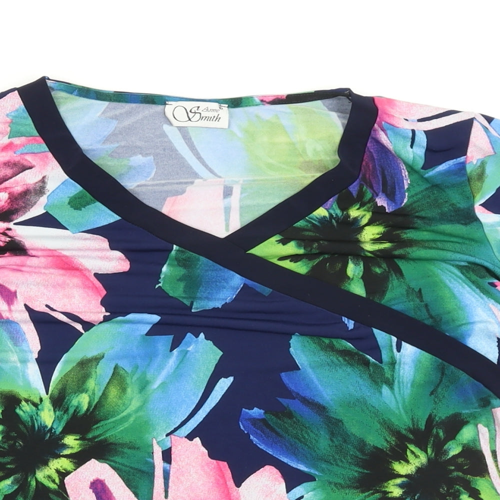 Anne Smith Womens Multicoloured Floral Polyester Basic T-Shirt Size 16 V-Neck